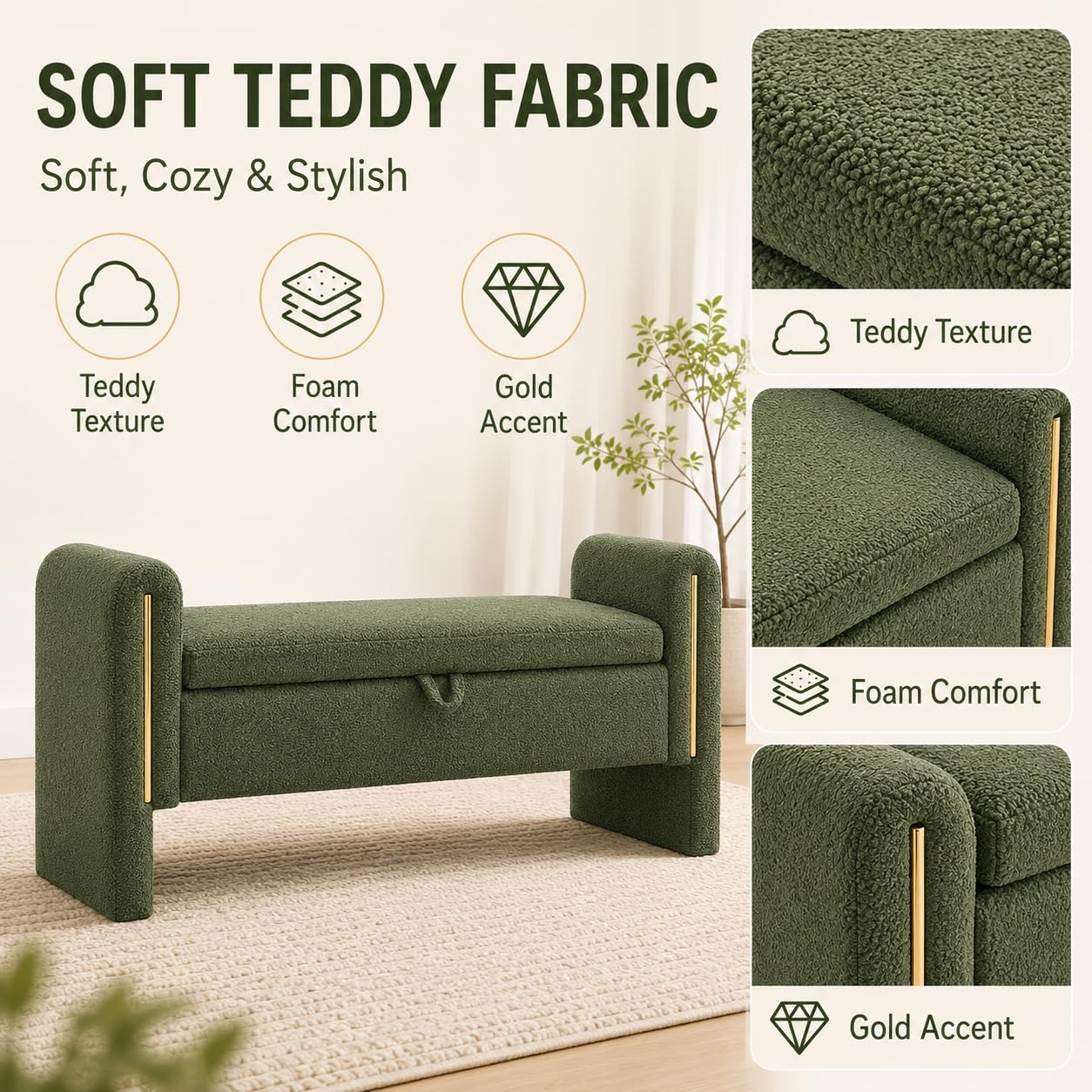 Green Teddy Upholstered Storage Ottoman Bench