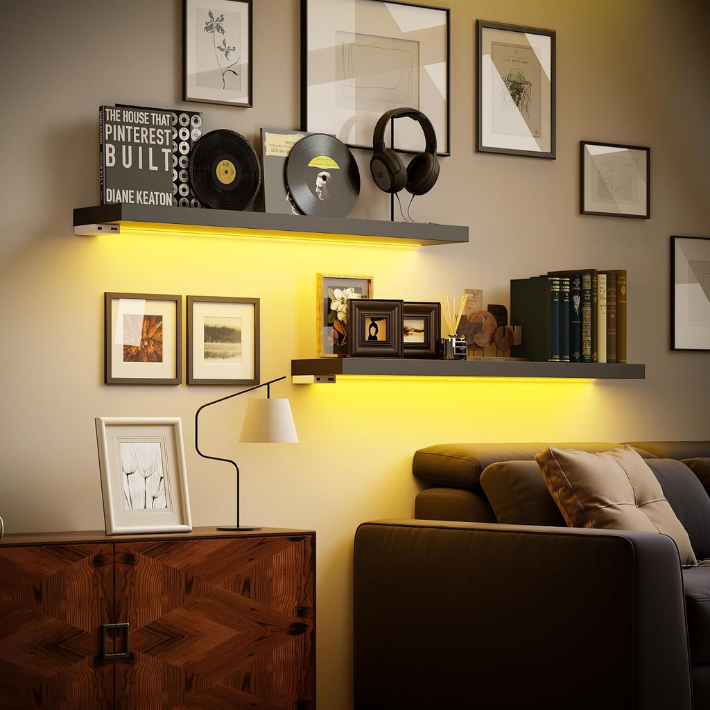 Black RGB LED Wooden Floating Wall Shelves Set of 2