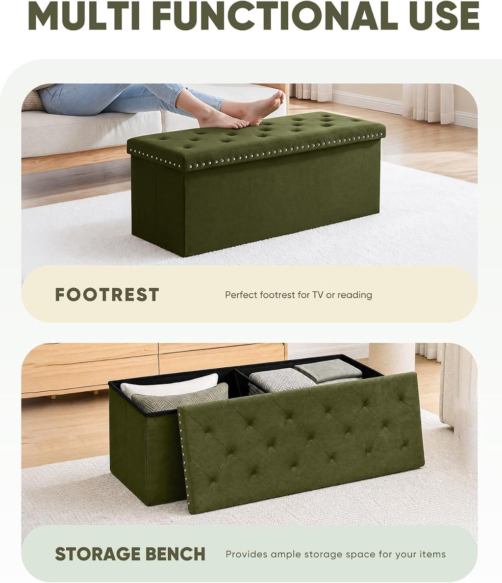 Olive Velvet Tufted Storage Ottoman Bench