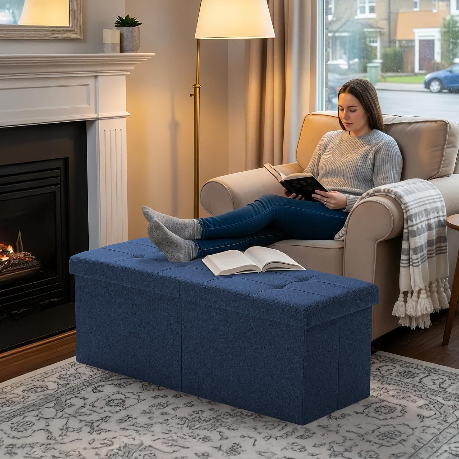 Blue Storage Ottoman Bench