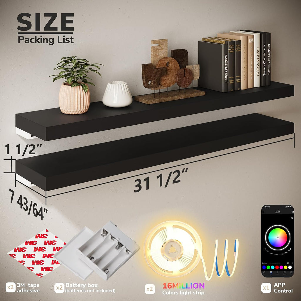 Black RGB LED Wooden Floating Wall Shelves Set of 2