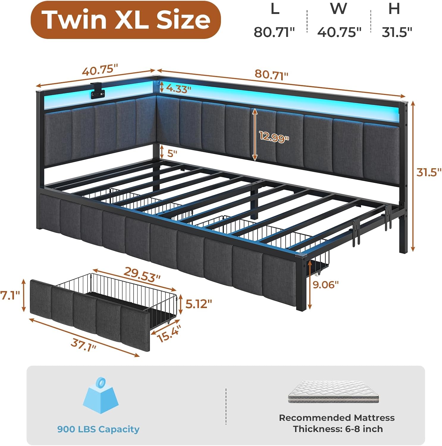 Gray LED Corner Twin‑XL Storage Bed