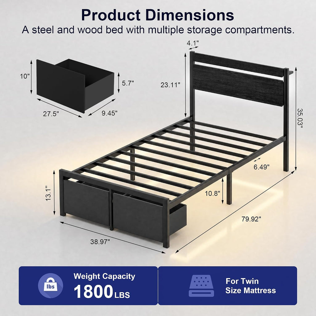 LED Storage Twin Platform Bed Frame