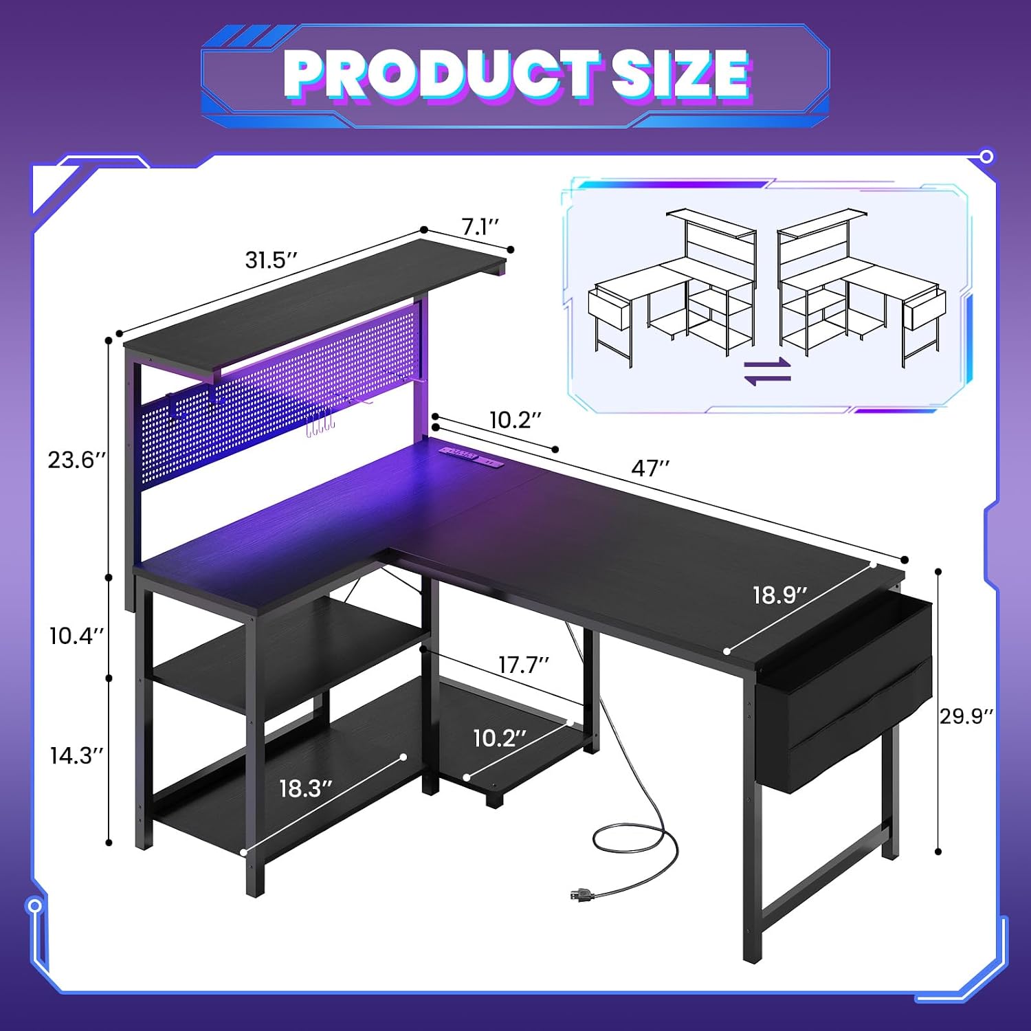Black L‑Shaped Gaming Desk with Pegboard & LED Lights