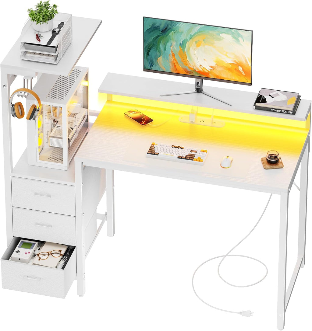 White Gaming Desk with LED, Power Outlets & Drawers