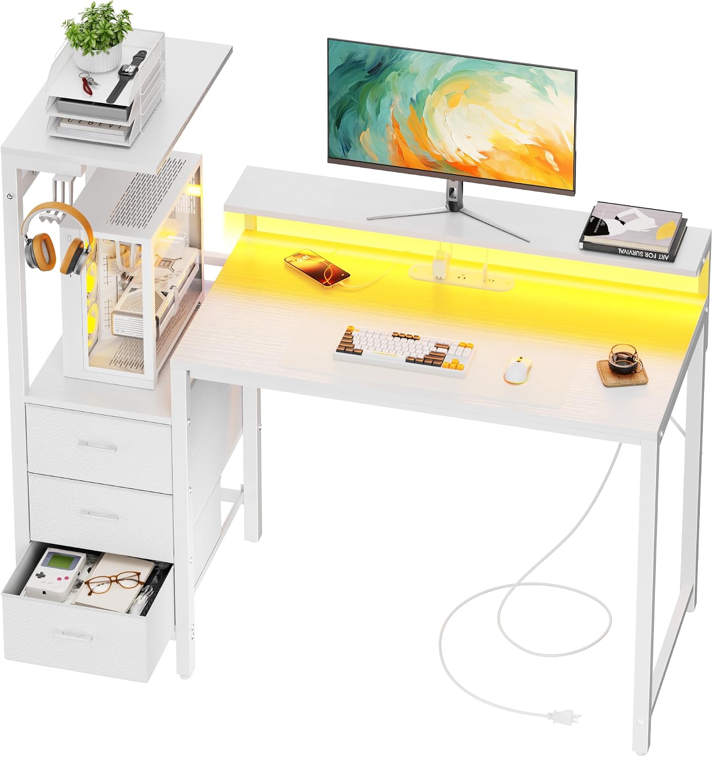 White Gaming Desk with LED, Power Outlets & Drawers