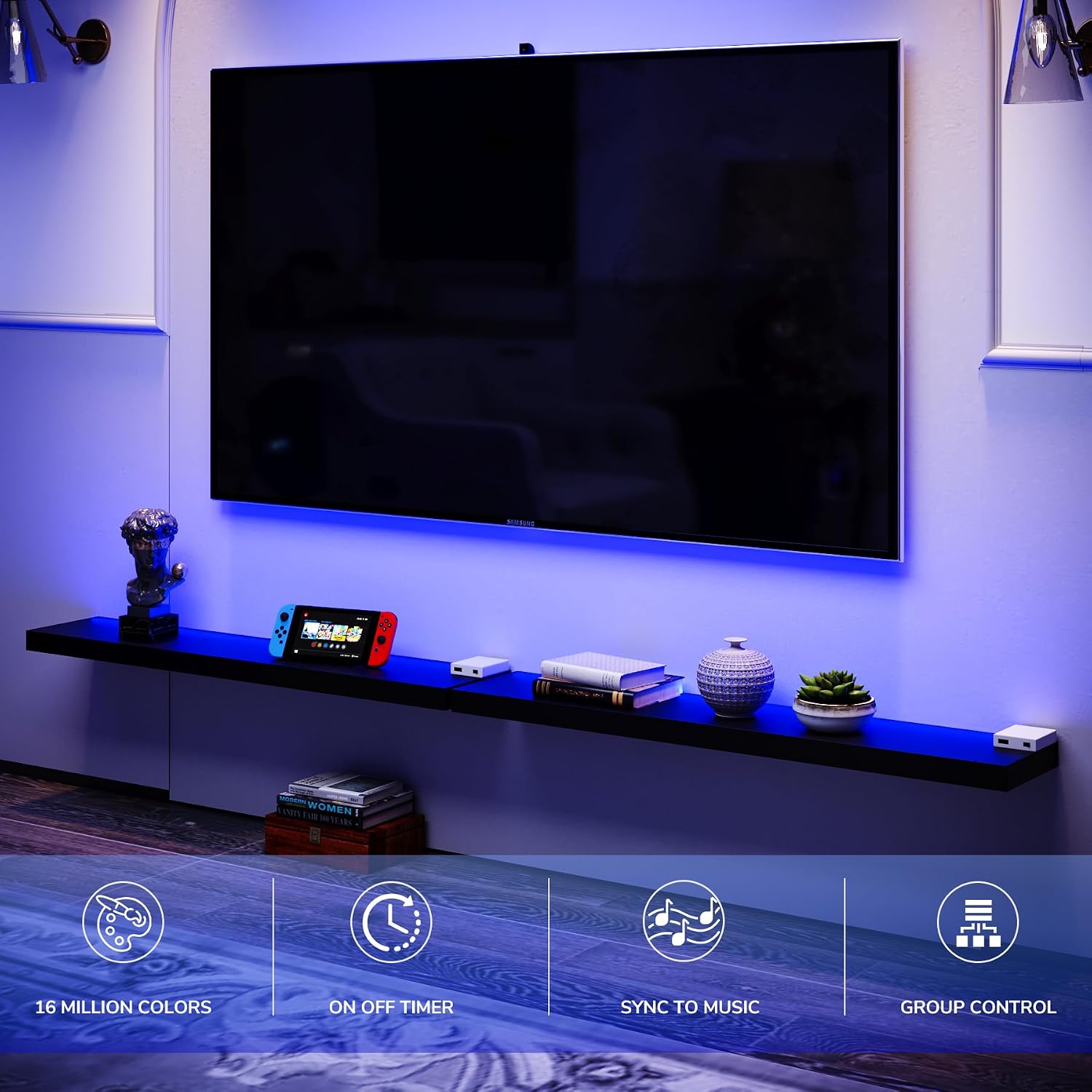 Black RGB LED Wooden Floating Wall Shelves Set of 2