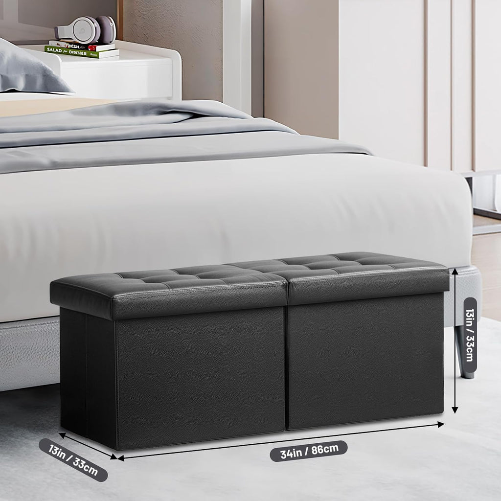 Black Leather Folding Storage Ottoman Bench