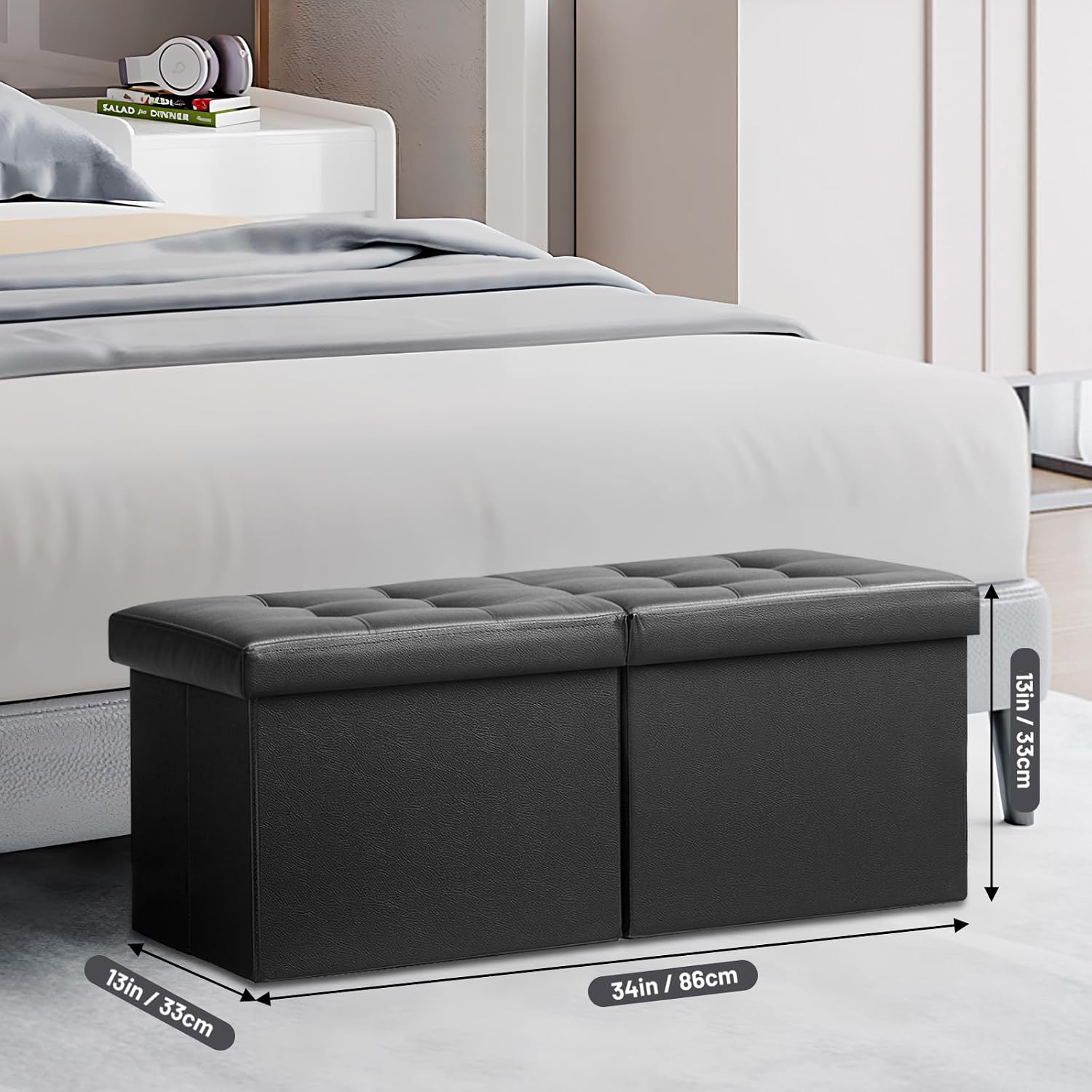 Black Leather Folding Storage Ottoman Bench