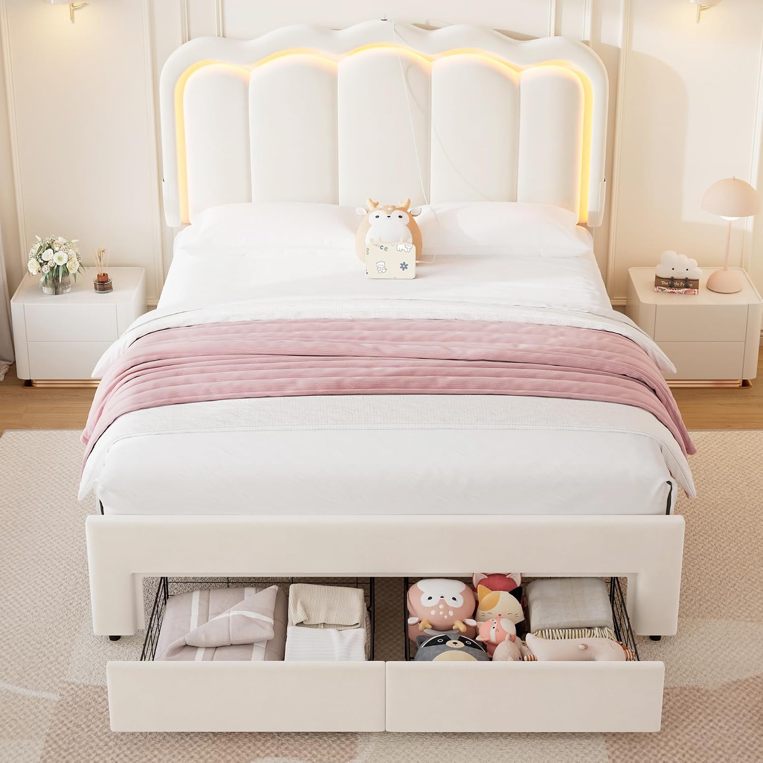 Beige Velvet LED Storage Platform Bed