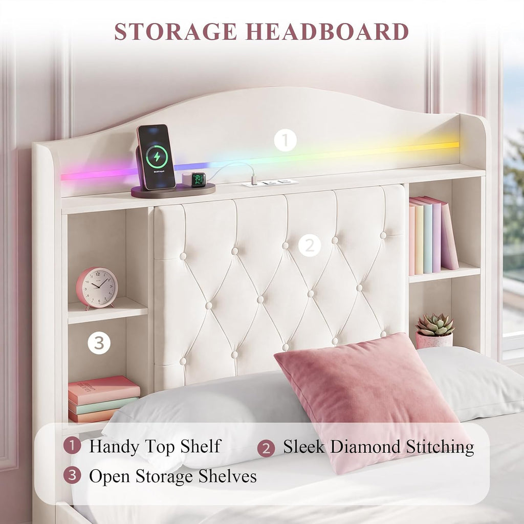 White Velvet LED Storage Twin Bed
