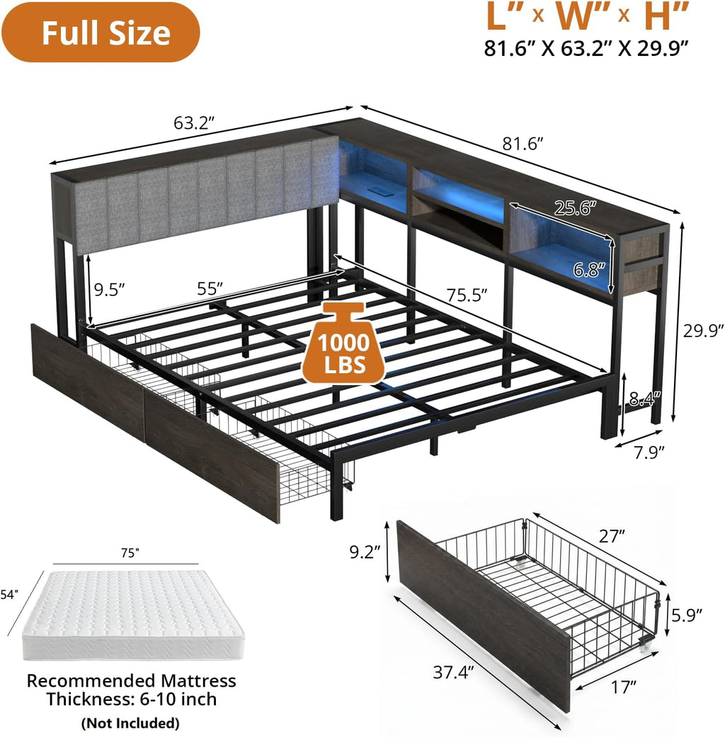 Grey RGB Corner Full Storage Bed