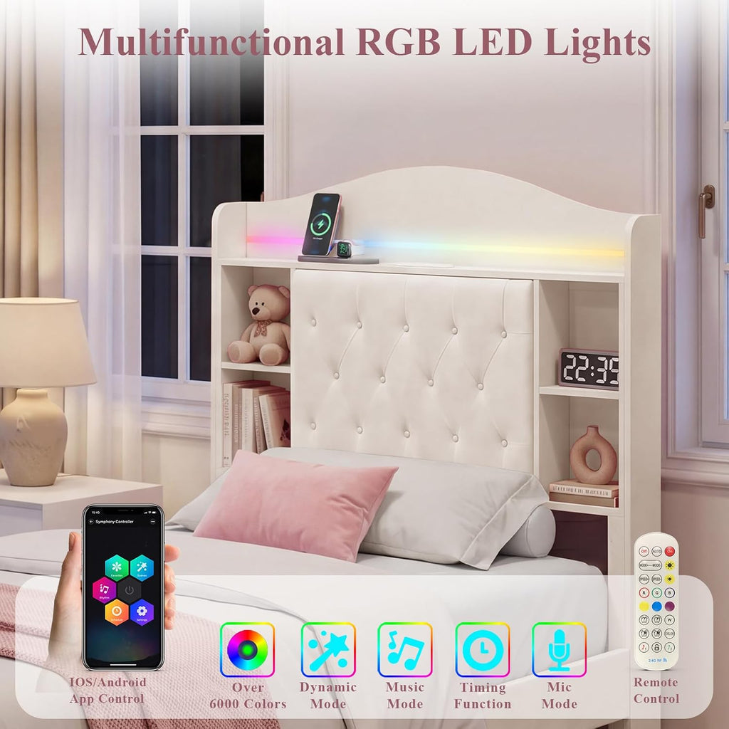 White Velvet LED Storage Twin Bed