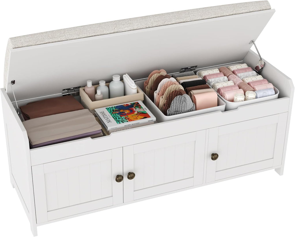 White Lift‑Top Storage Entryway Shoe Bench