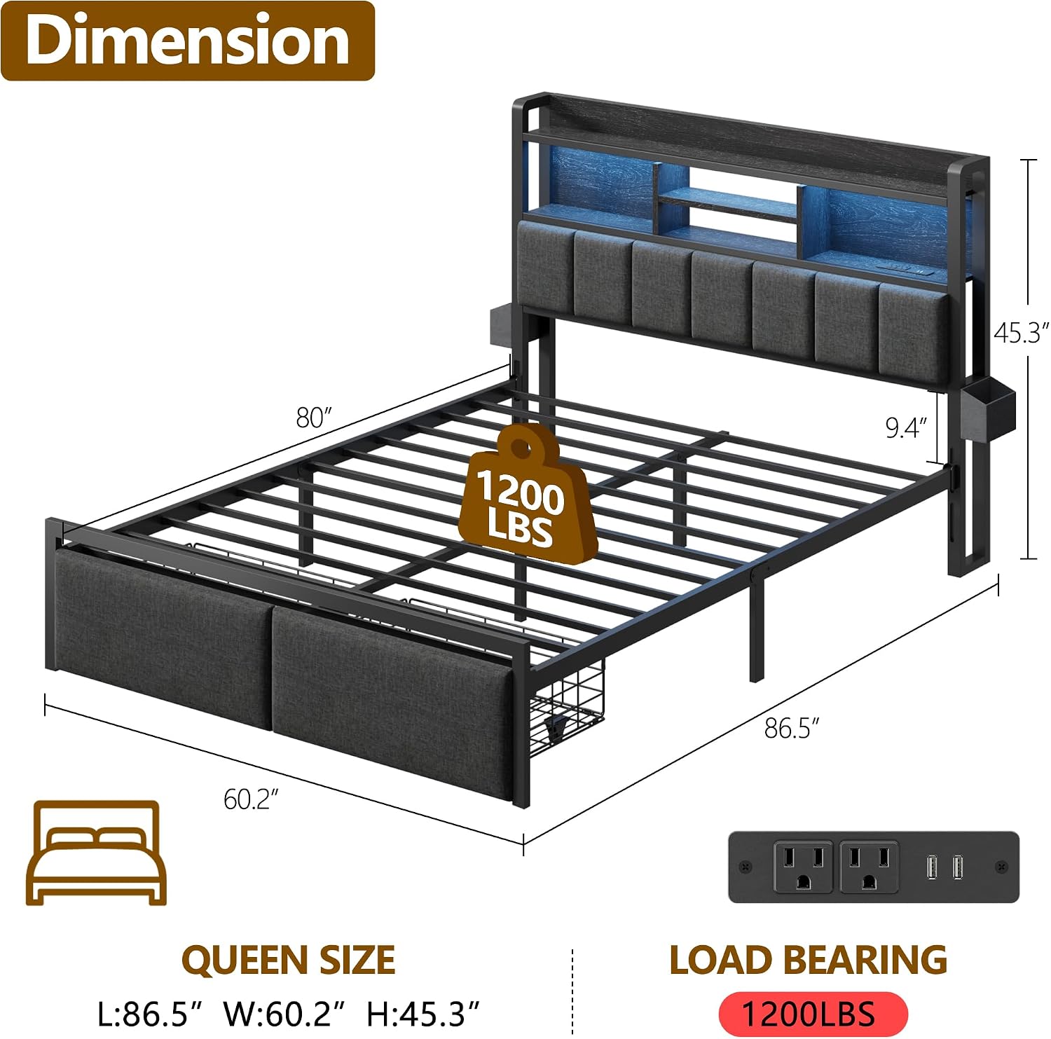 Black LED Queen Storage Bed Frame