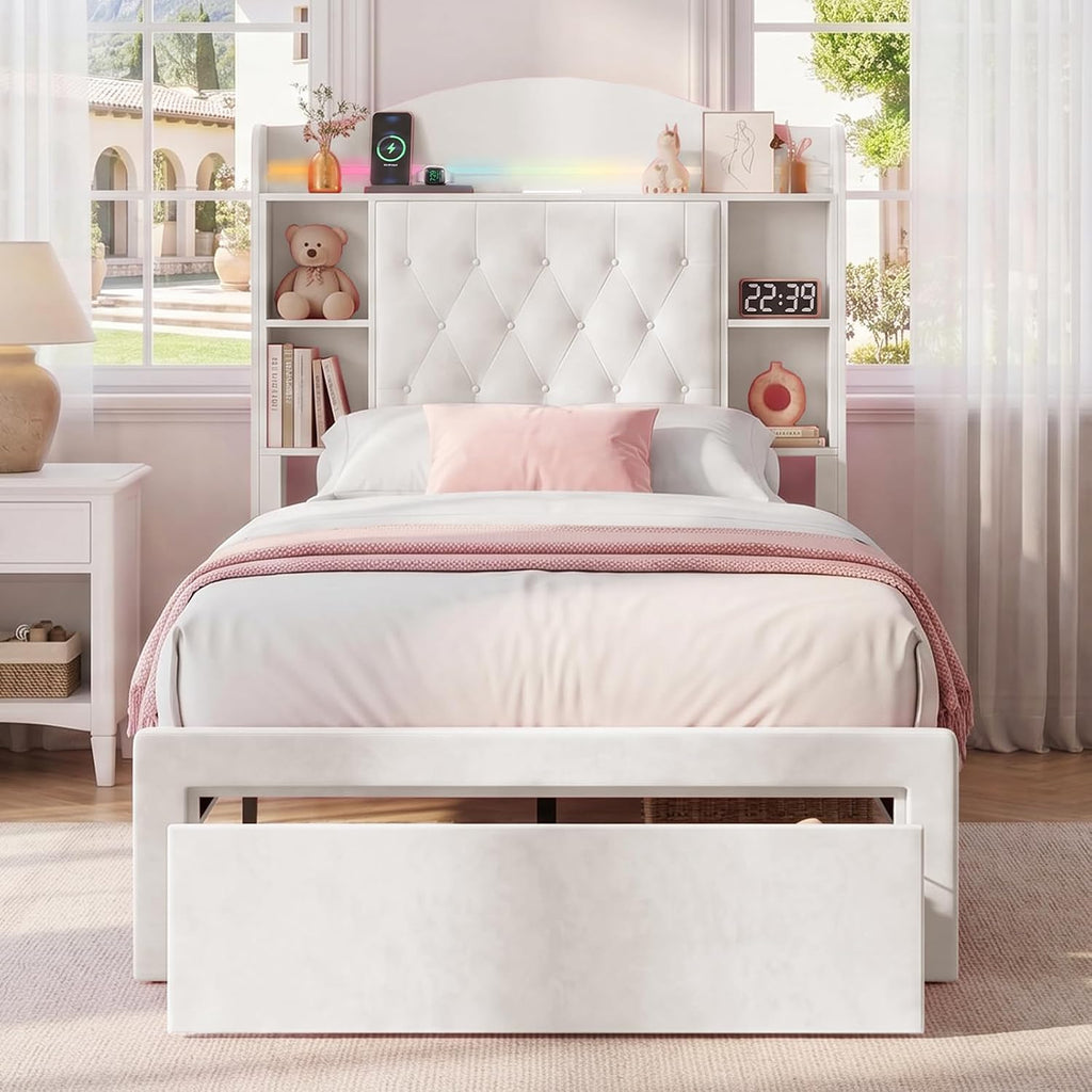 White Velvet LED Storage Twin Bed