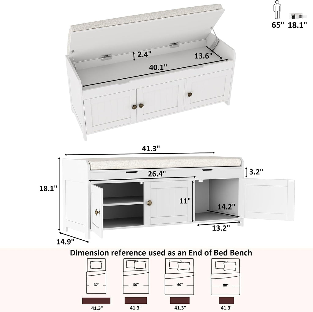 White Lift‑Top Storage Entryway Shoe Bench