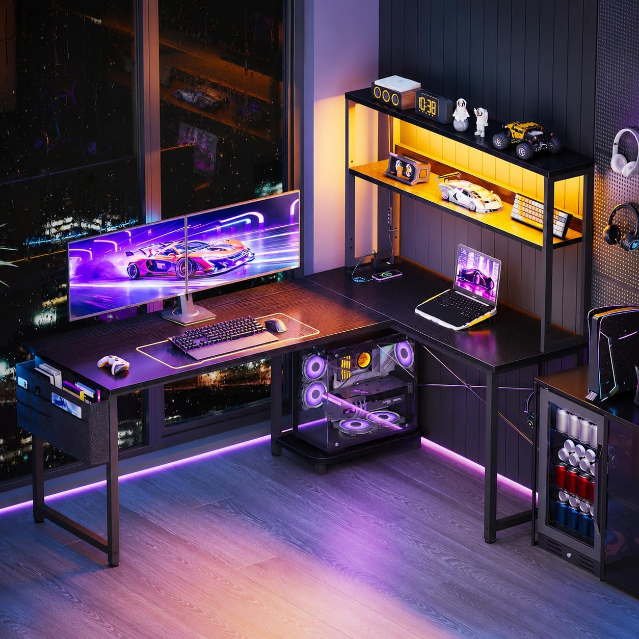 Black L‑Shaped Gaming Desk with LED, Outlets & Shelves