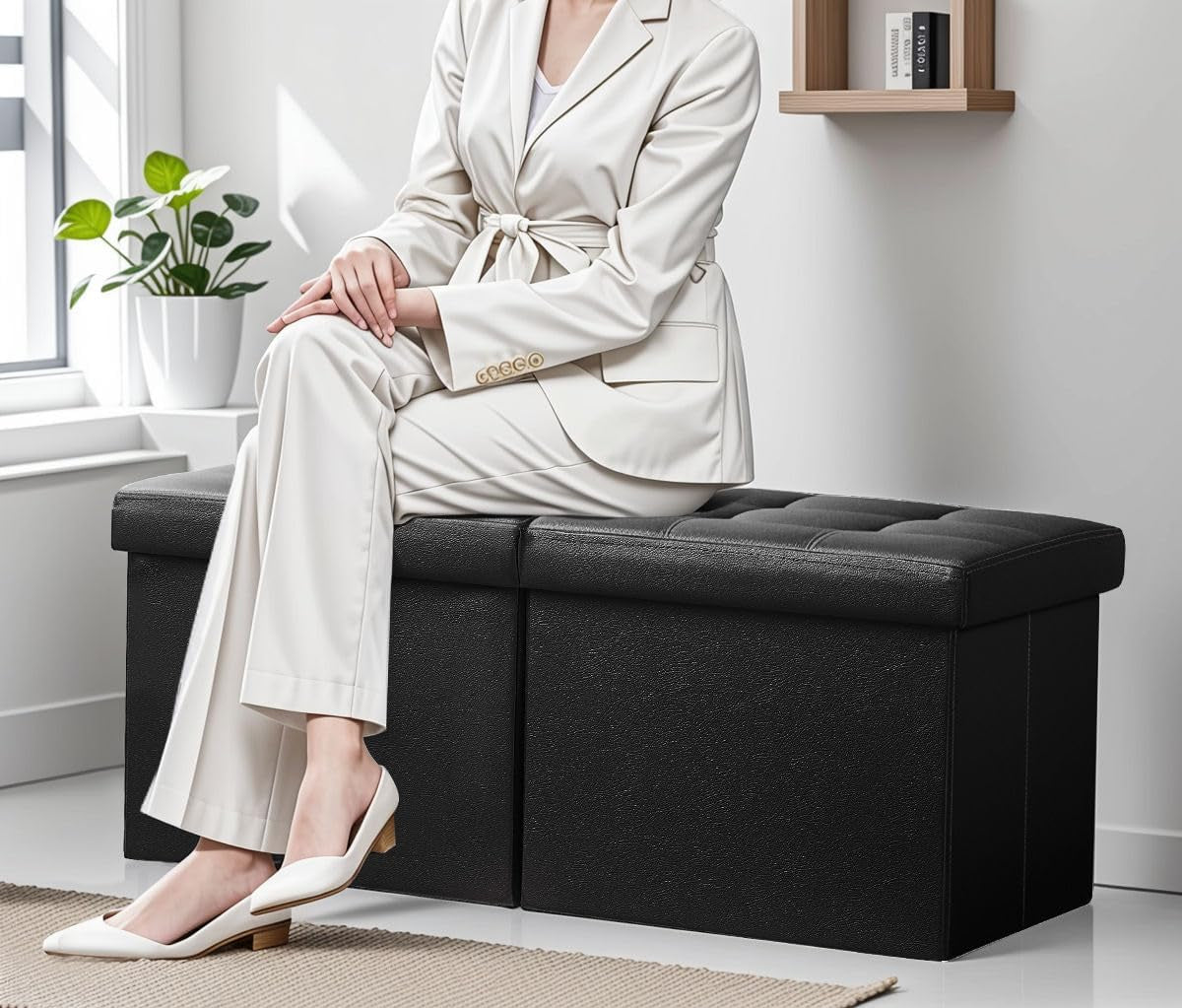 Black Leather Folding Storage Ottoman Bench