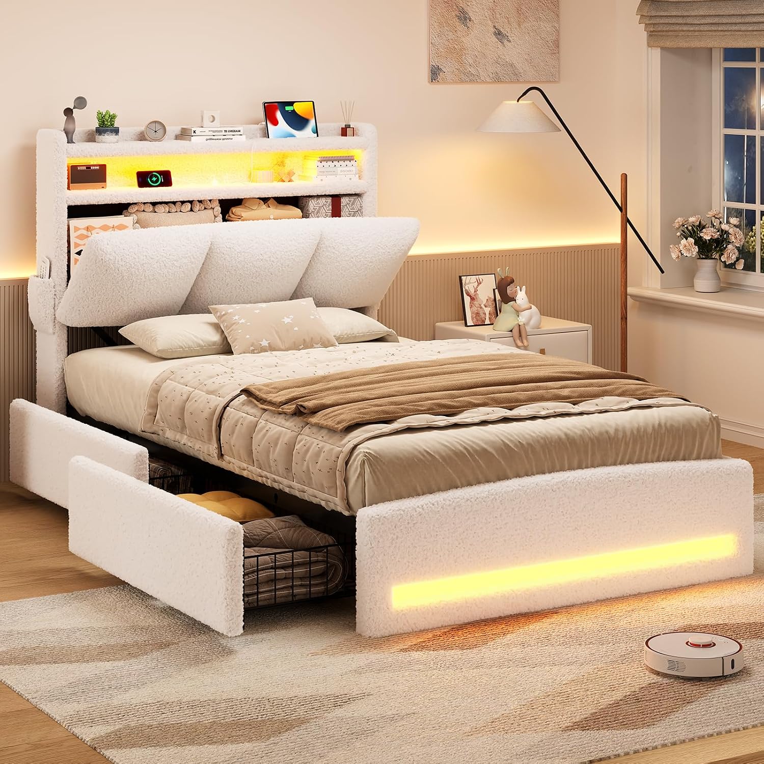Off‑White Boucle LED Storage Twin Bed