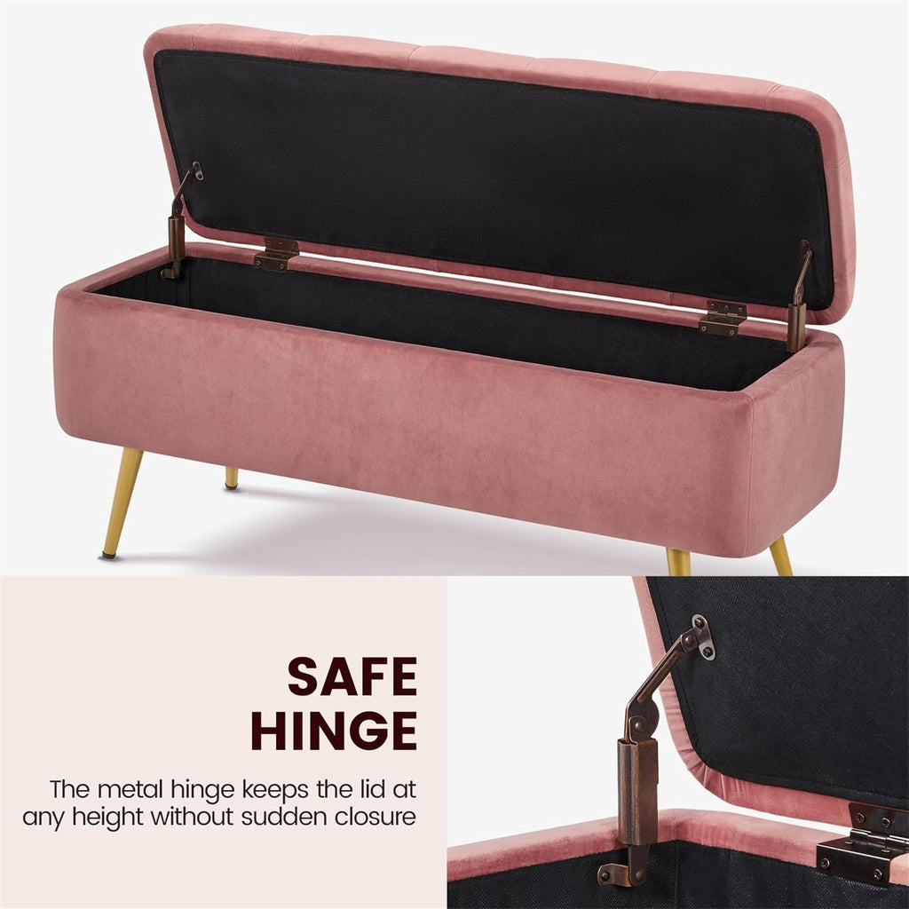 Pink Velvet Tufted Storage Ottoman Bench with Gold Legs