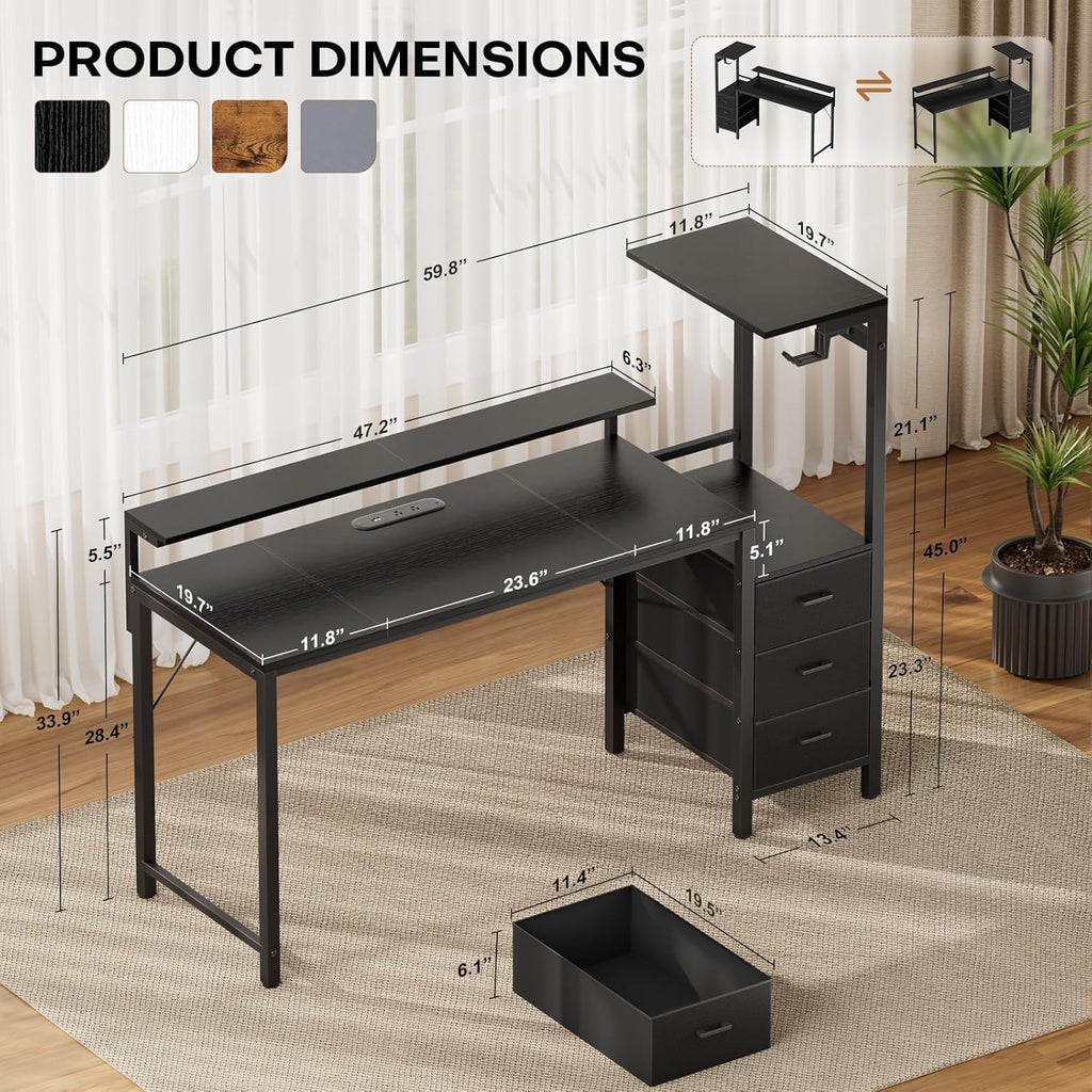 Black Gaming Desk with LED, Power Outlets & Drawers