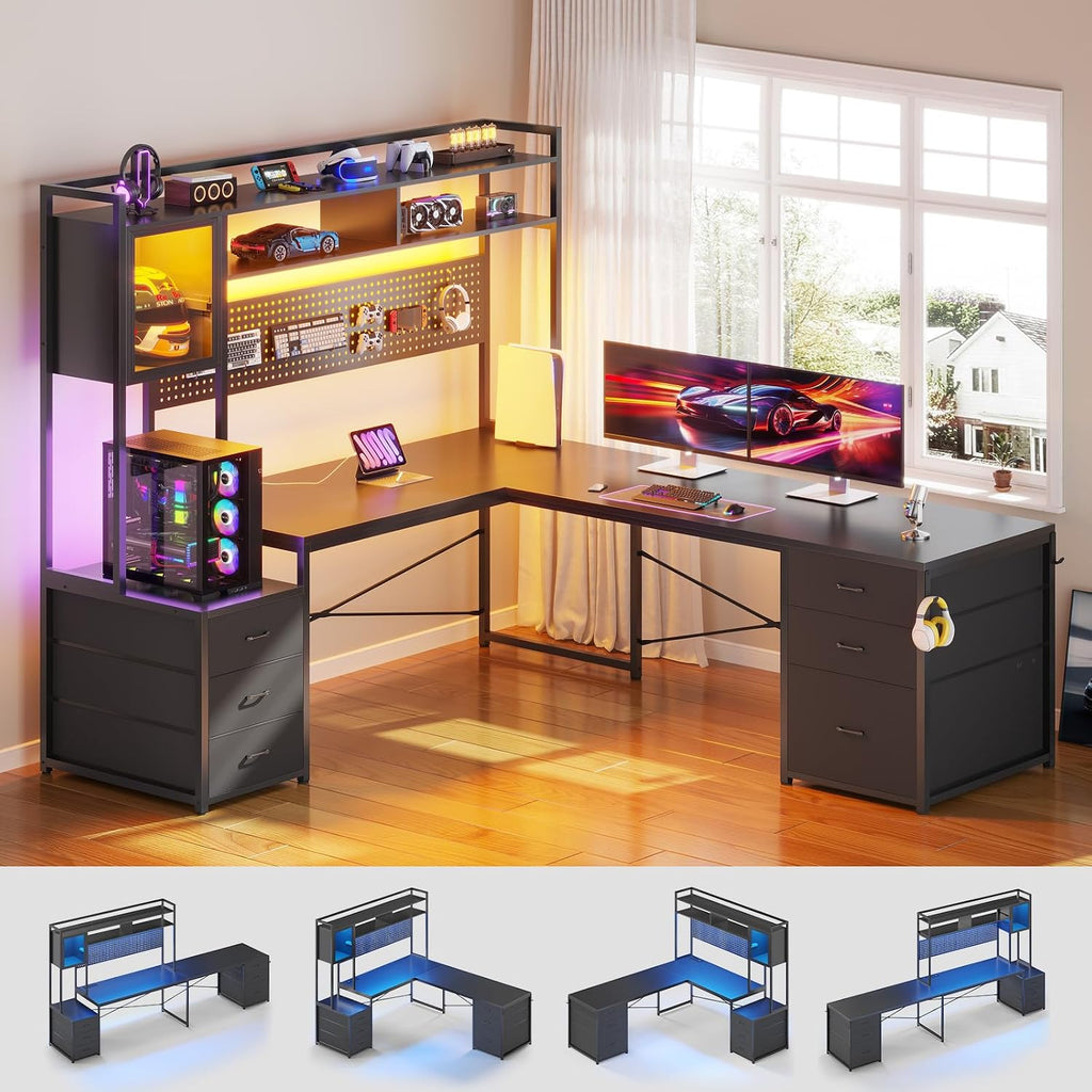 Black L‑Shaped Gaming Desk with Drawers & LED Hutch