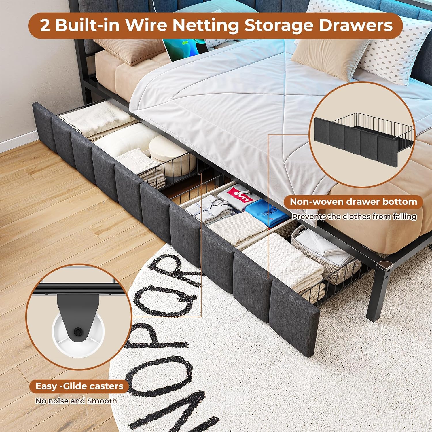 Gray LED Corner Twin‑XL Storage Bed
