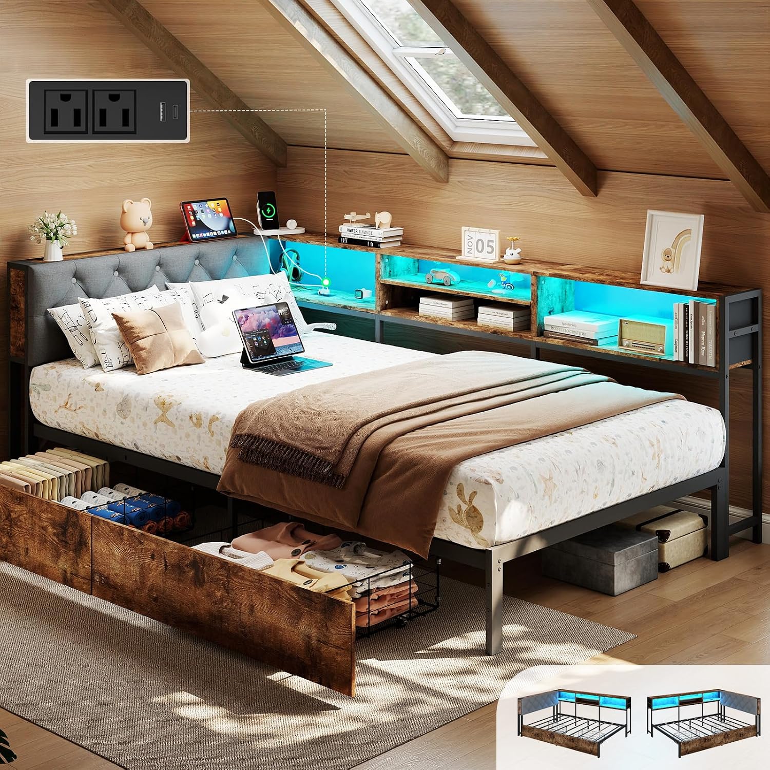 Brown LED Corner Twin Bed with Storage