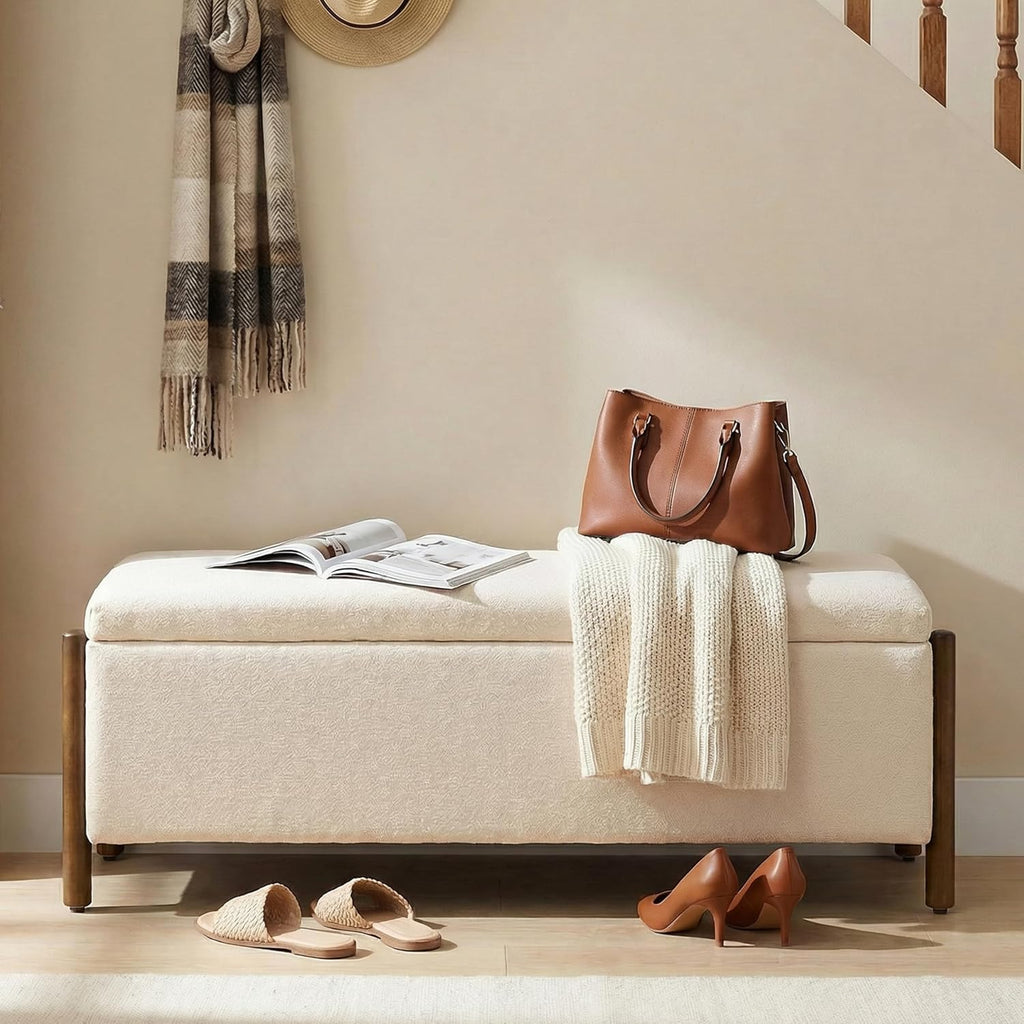 Beige Fabric Upholstered Storage Ottoman Bench