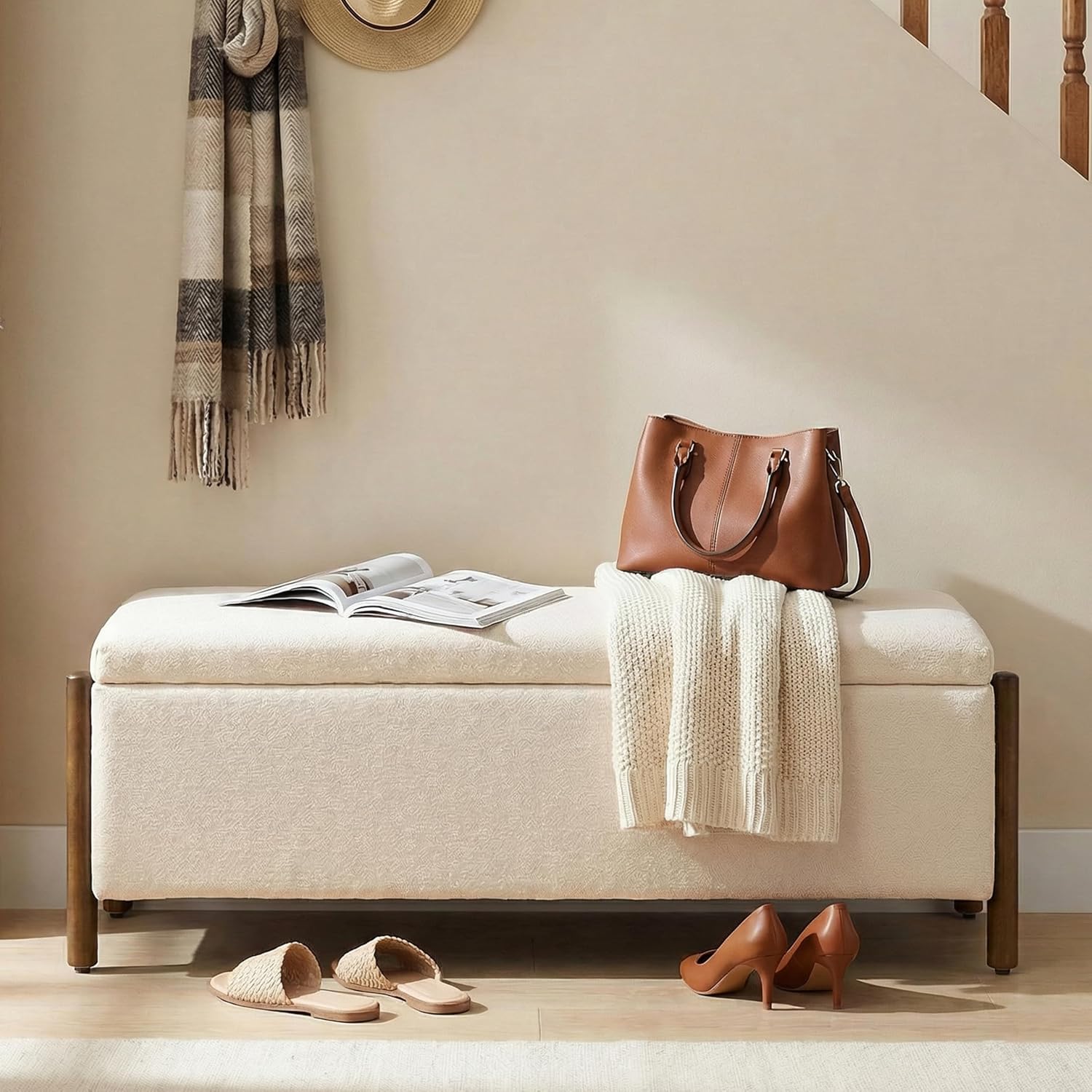 Beige Fabric Upholstered Storage Ottoman Bench