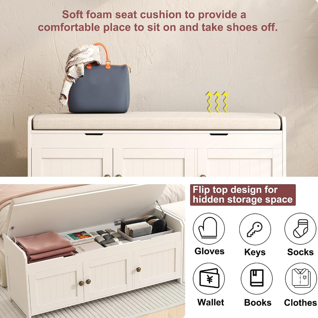 White Lift‑Top Storage Entryway Shoe Bench