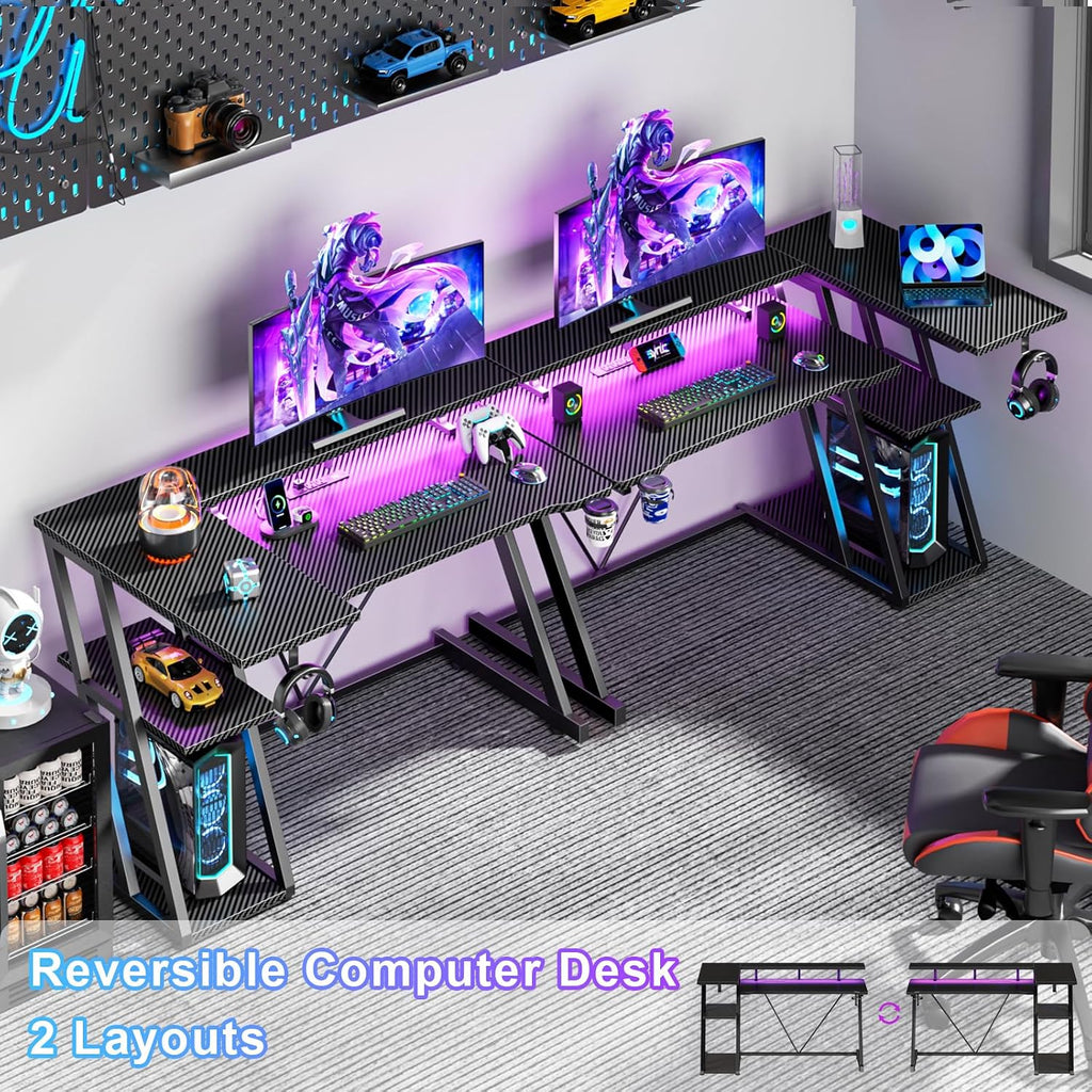 Black L‑Shaped Gaming Desk with LED & Power Outlet