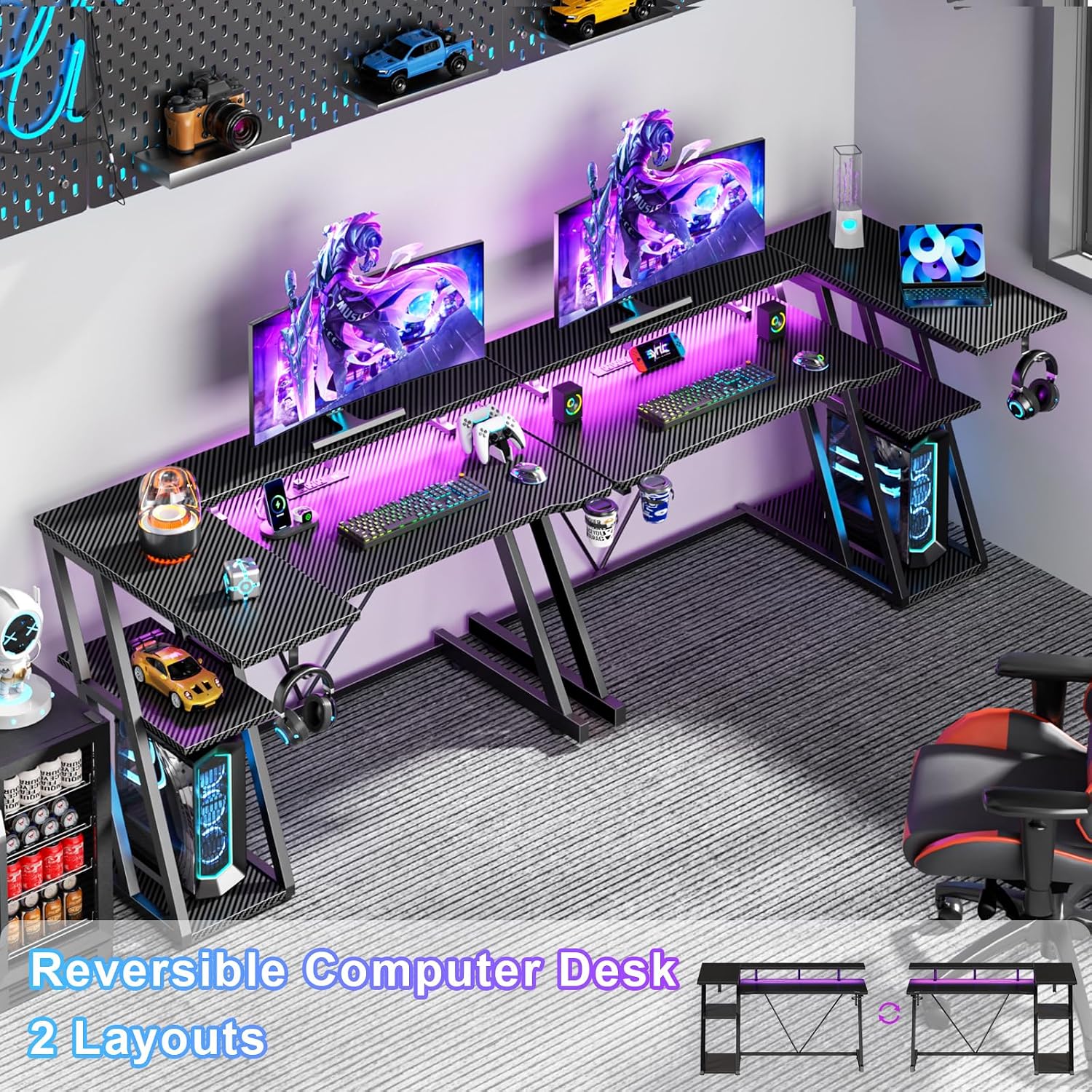 Black L‑Shaped Gaming Desk with LED & Power Outlet