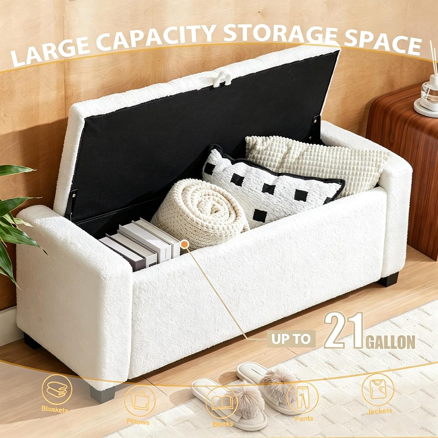 White Teddy Upholstered Storage Ottoman Bench