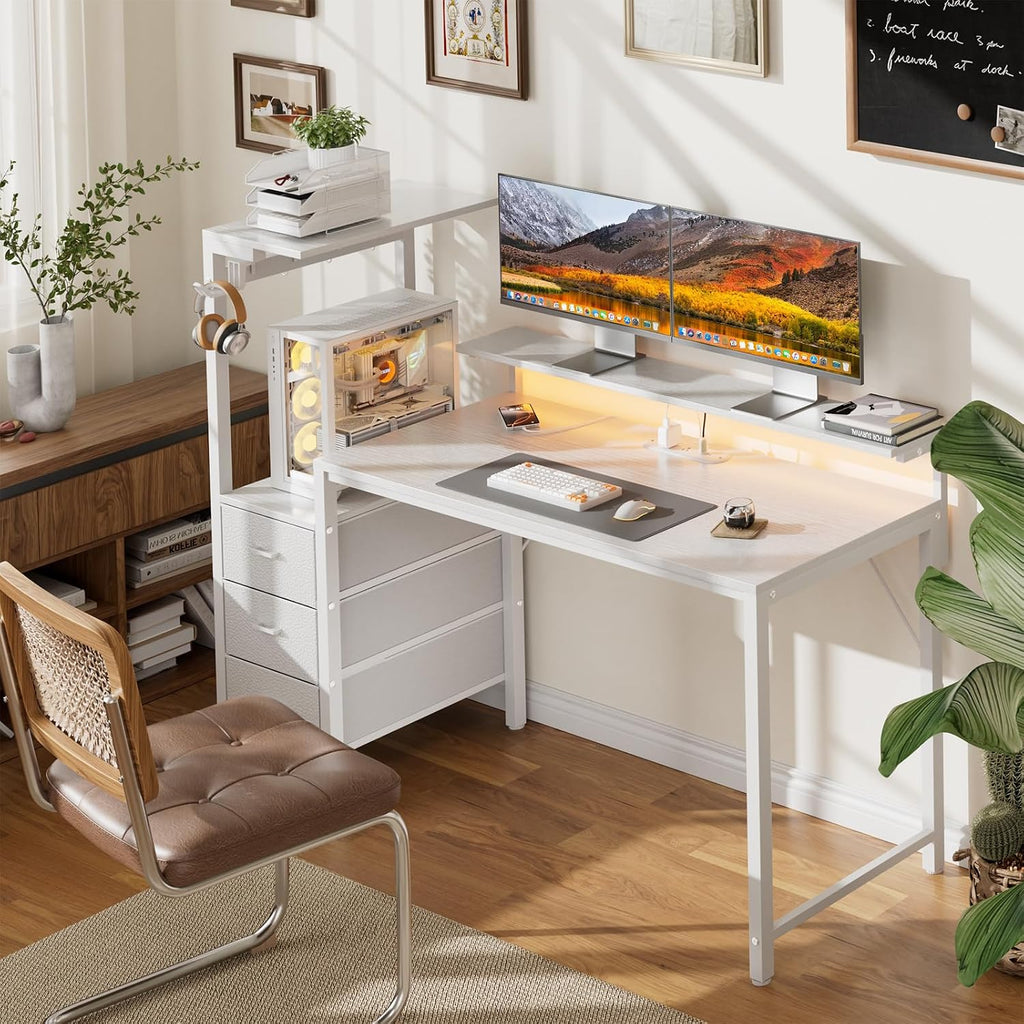 White Gaming Desk with LED, Power Outlets & Drawers