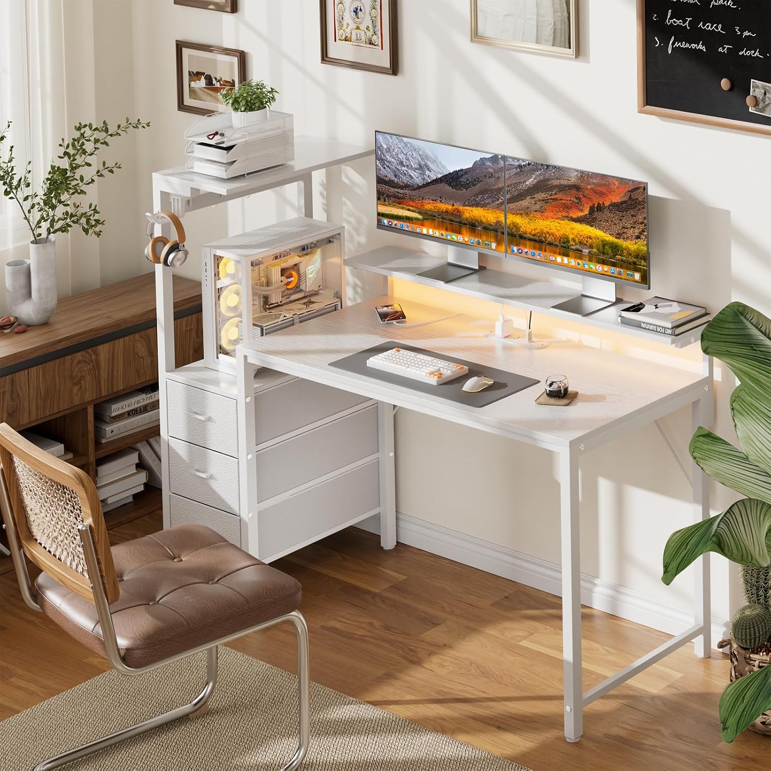 White Gaming Desk with LED, Power Outlets & Drawers