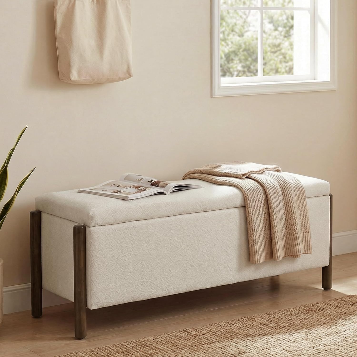 Beige Fabric Upholstered Storage Ottoman Bench
