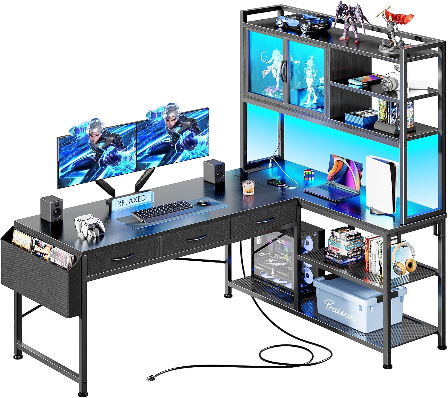 Black L‑Shaped Gaming Desk with LED, Power Outlets & USB‑C Port