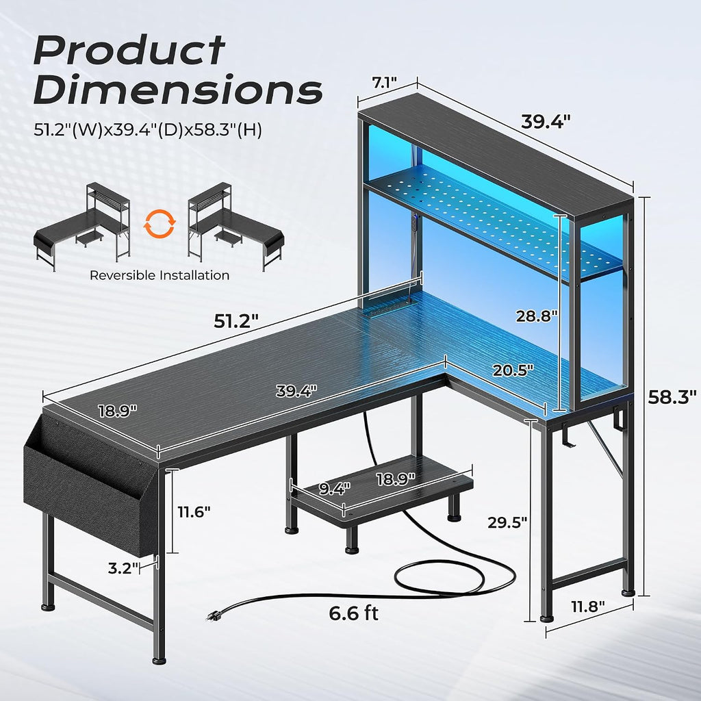 Black L‑Shaped Gaming Desk with LED & Power Outlets