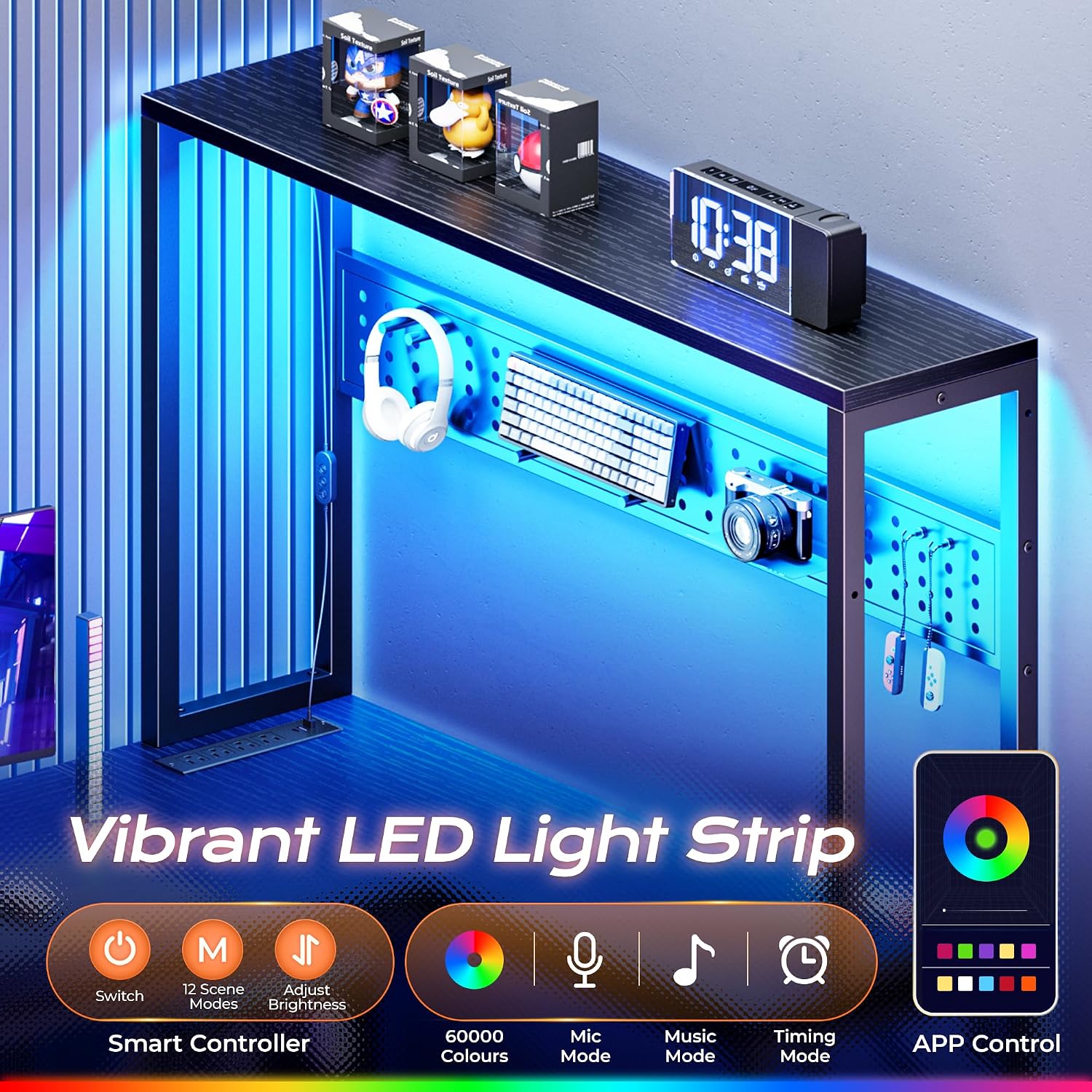 Black L‑Shaped Gaming Desk with LED & Power Outlets
