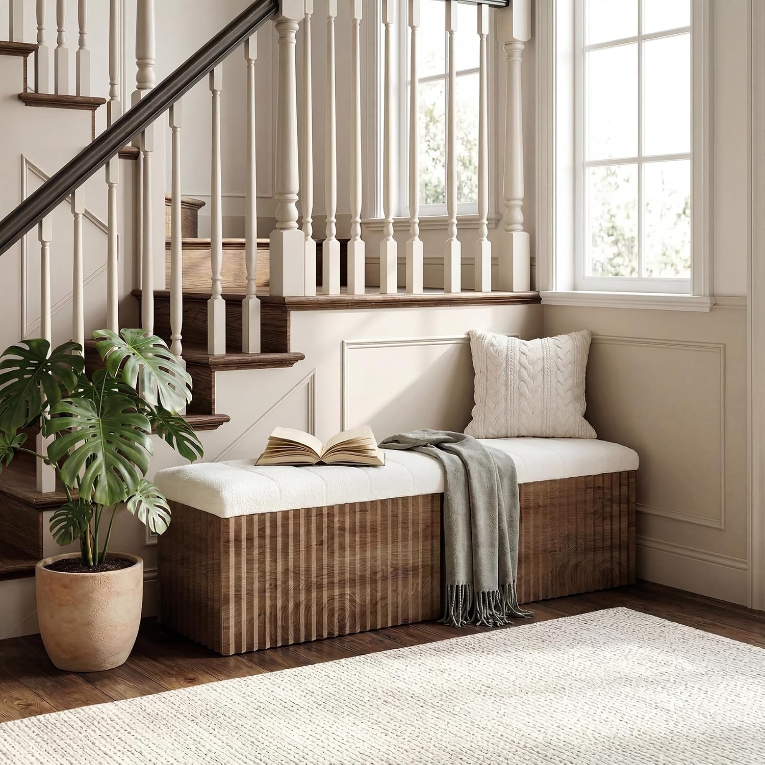 Farmhouse Upholstered Storage Entryway Bench