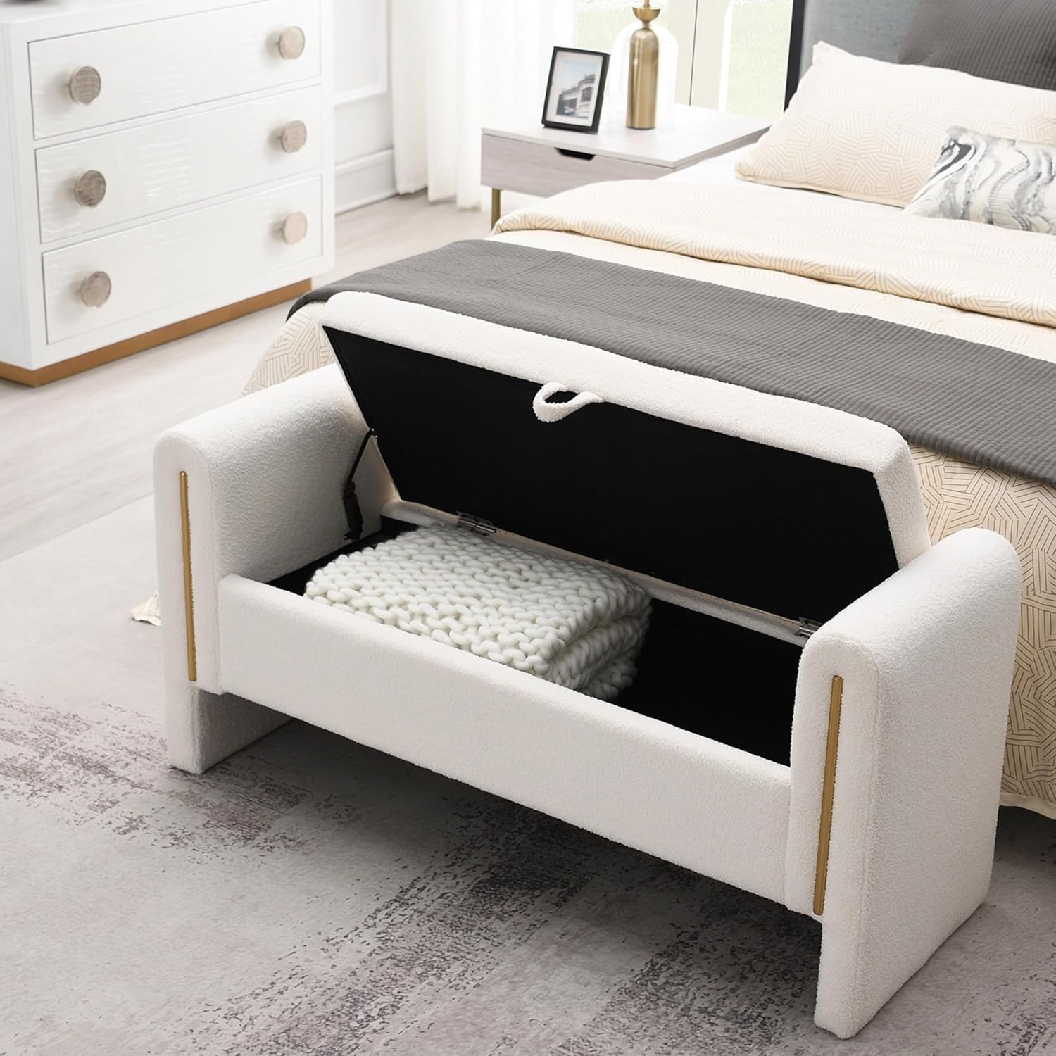 White Teddy Fabric Storage Ottoman Bench