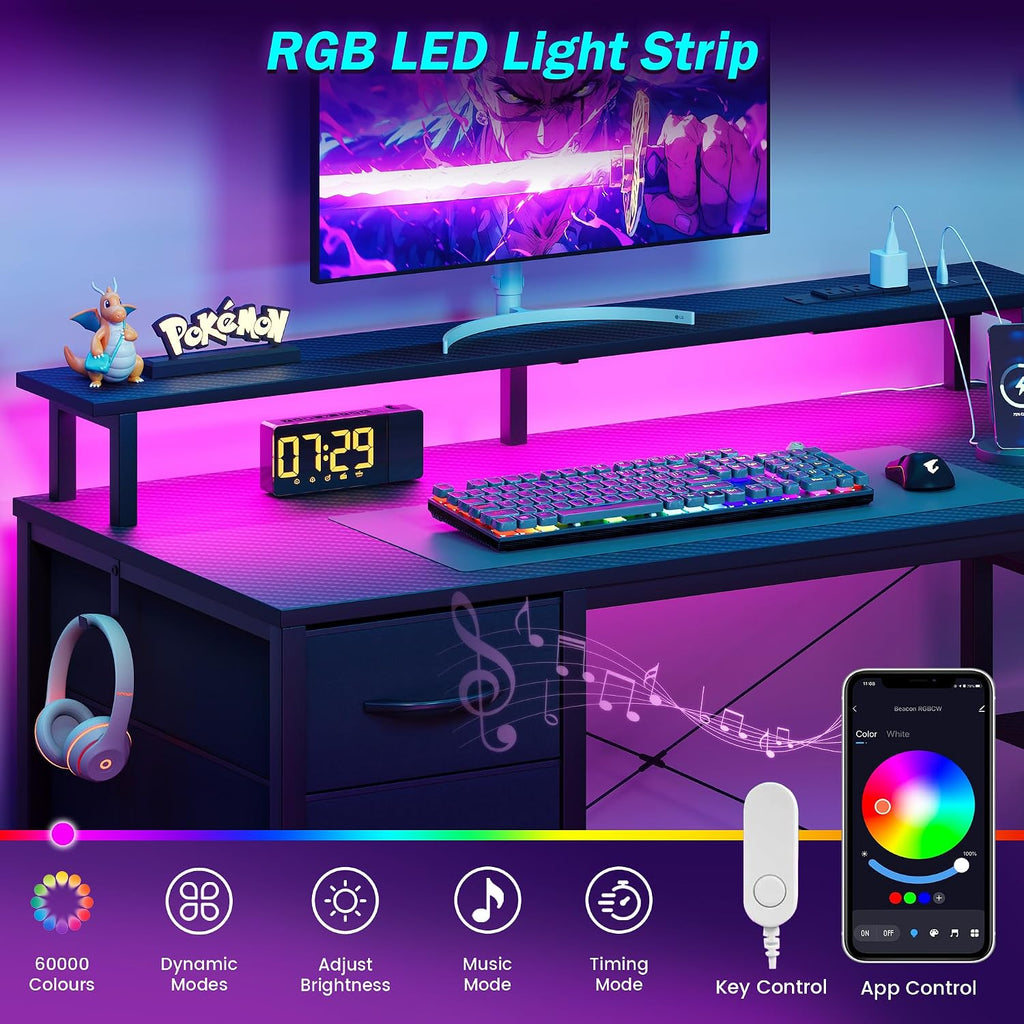 Black Gaming Desk with Drawers, LED & PC Tower Stand