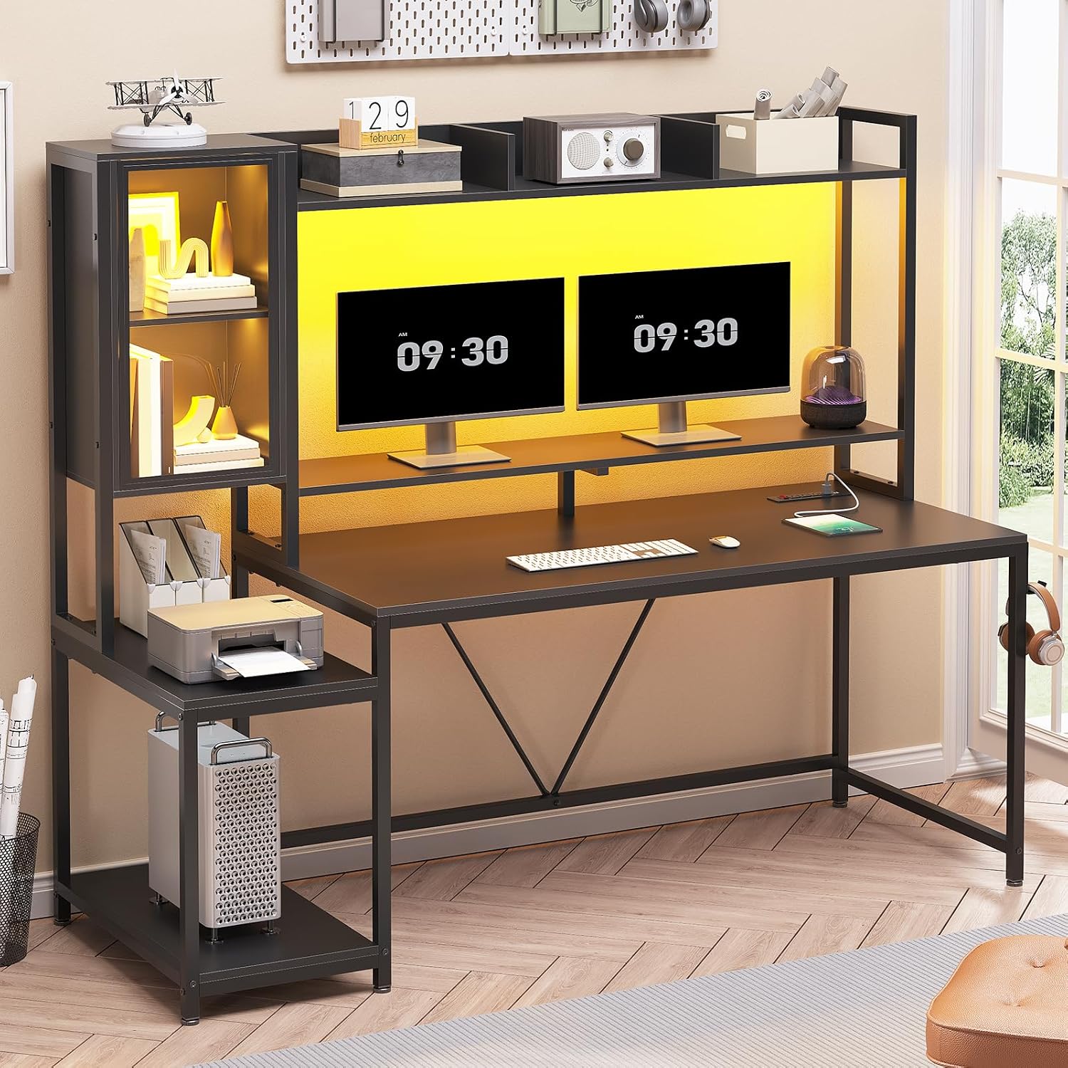 Black Gaming Desk with Hutch, LED Lights & Storage