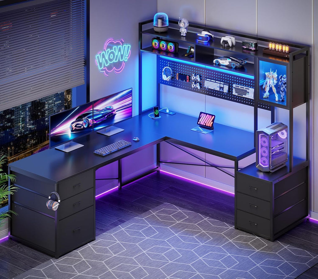 Black L‑Shaped Gaming Desk with Drawers & LED Hutch