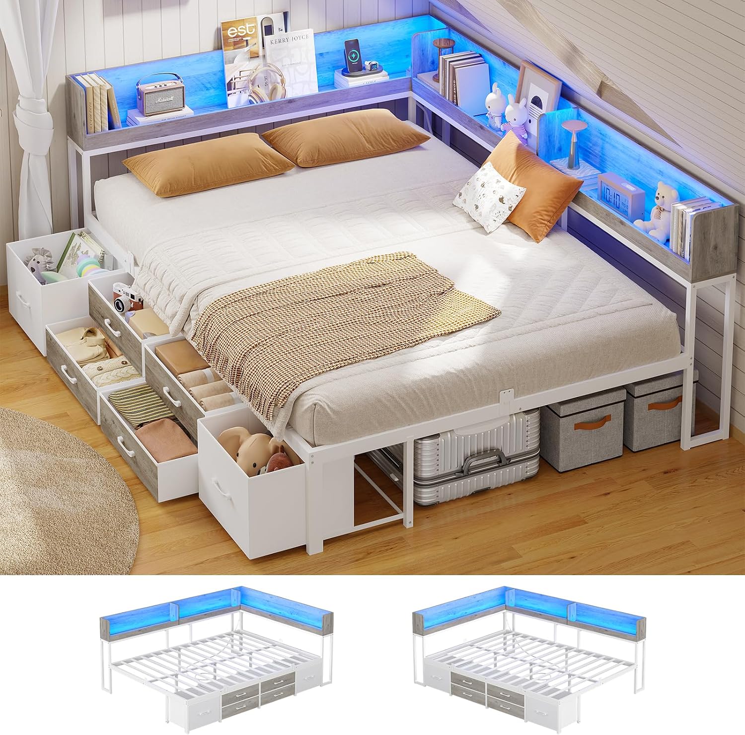 White‑Oak Full Corner Daybed with Drawers & LED Charging Station