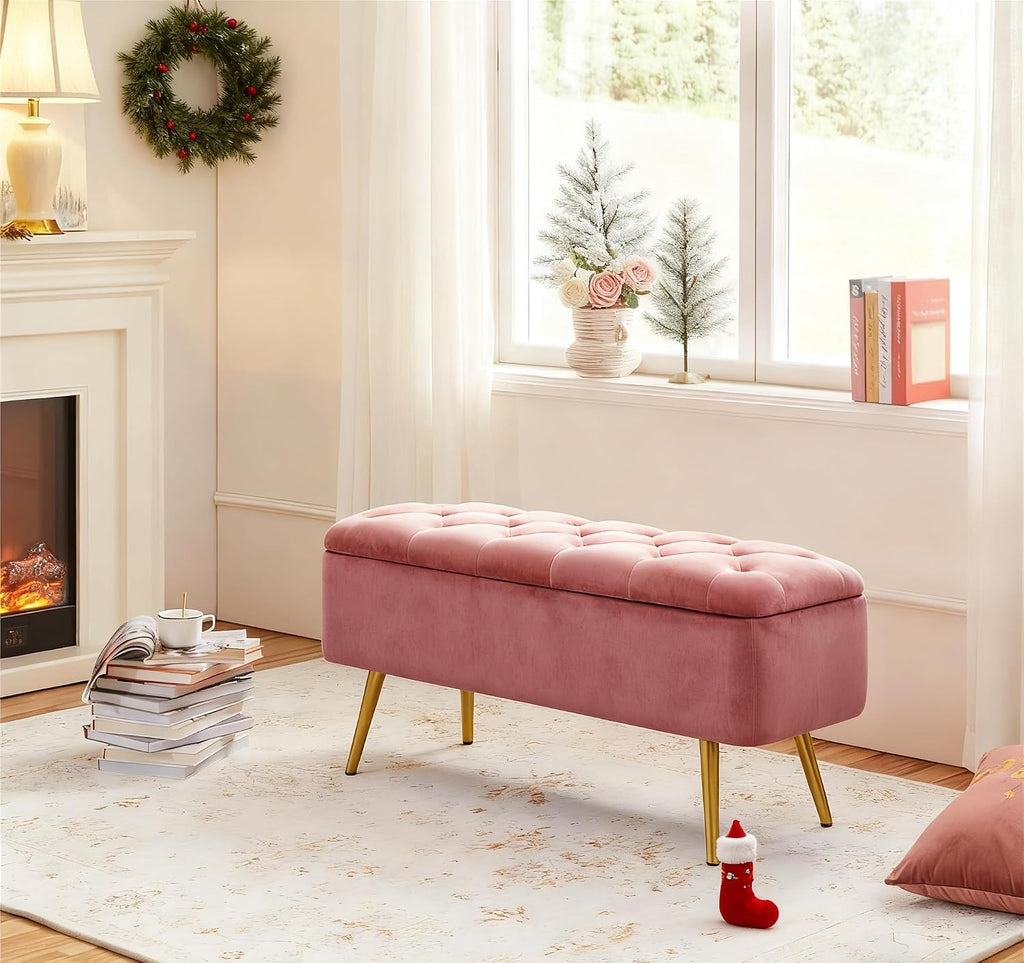 Pink Velvet Tufted Storage Ottoman Bench with Gold Legs