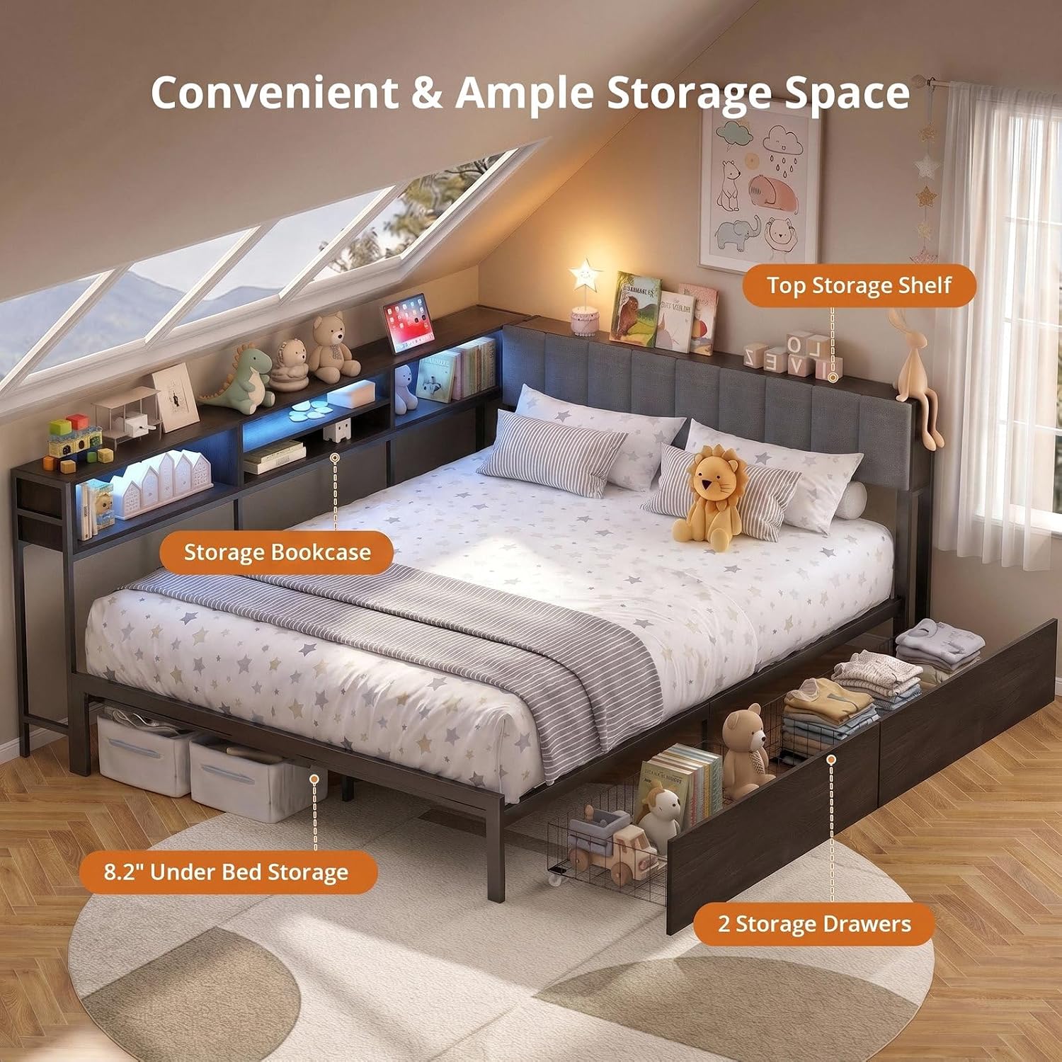 Grey RGB Corner Full Storage Bed