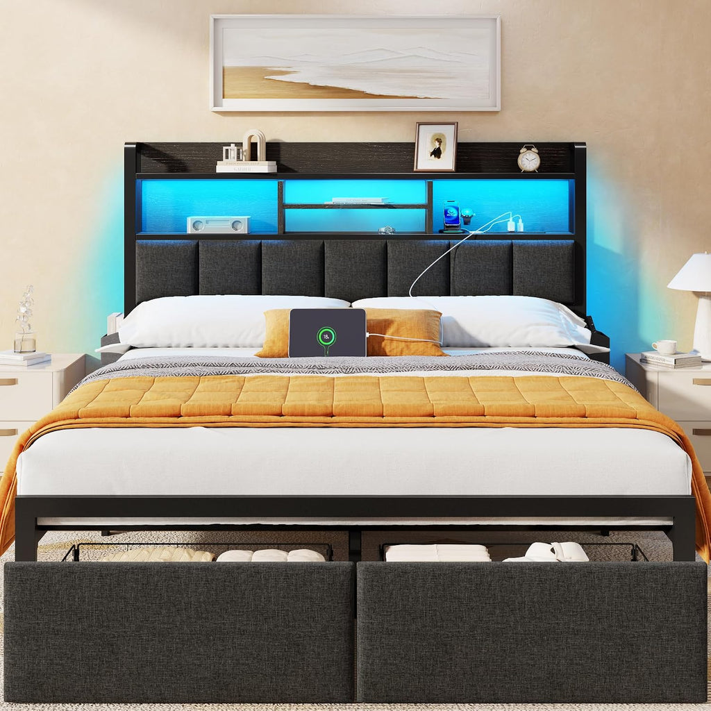 Black LED Queen Storage Bed Frame